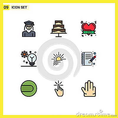 9 User Interface Filledline Flat Color Pack of modern Signs and Symbols of light, machine learning, hearts, intelligence, Vector Illustration