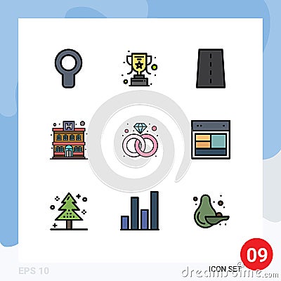 Modern Set of 9 Filledline Flat Colors Pictograph of ring, diamond, infrastructure, hotel, apartment Vector Illustration