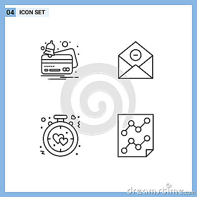 Modern Set of 4 Filledline Flat Colors and symbols such as card, clock, payment, delete, alarm Vector Illustration