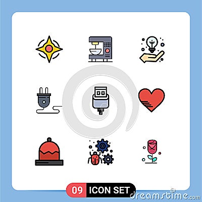 Modern Set of 9 Filledline Flat Colors and symbols such as connector, cable, idea, power supply, energy Vector Illustration