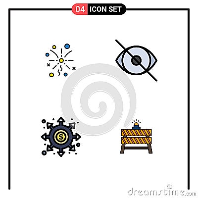 Modern Set of 4 Filledline Flat Colors and symbols such as fireworks, black hole, eye, vision, portal Vector Illustration