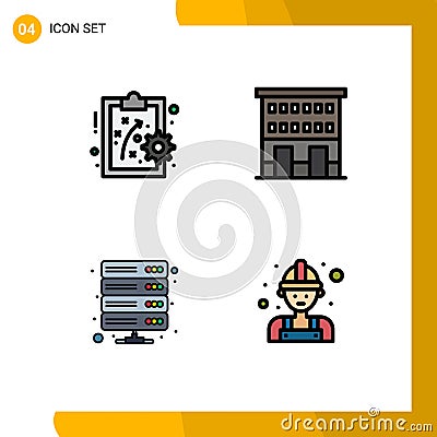 Modern Set of 4 Filledline Flat Colors and symbols such as performance management, database, buildings, shop front, storage Vector Illustration