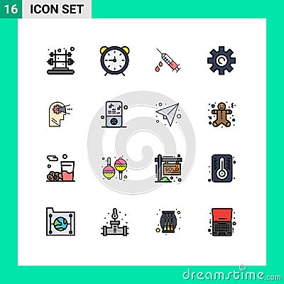 Modern Set of 16 Flat Color Filled Lines Pictograph of process, user, dope, setting, gear Vector Illustration