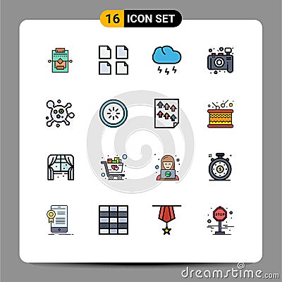 Modern Set of 16 Flat Color Filled Lines and symbols such as buffer, molecule, nature, atom, photo Vector Illustration