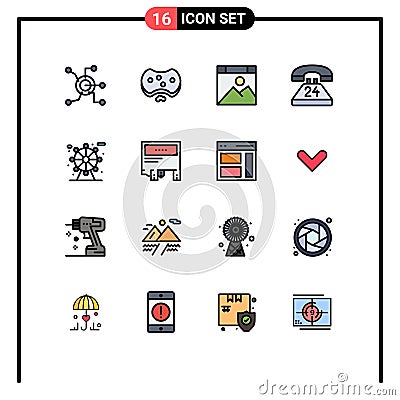 Modern Set of 16 Flat Color Filled Lines and symbols such as contact, call, medical, anytime, page Vector Illustration