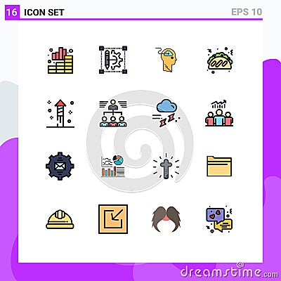 Modern Set of 16 Flat Color Filled Lines and symbols such as fireworks, fast food, setting, taco, upload Vector Illustration