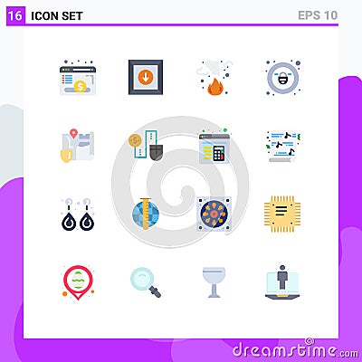 Modern Set of 16 Flat Colors Pictograph of location, gdpr, fire, security, lock Vector Illustration