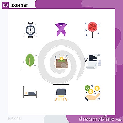 Modern Set of 9 Flat Colors Pictograph of money, wallet, candy, cash, leaf Vector Illustration