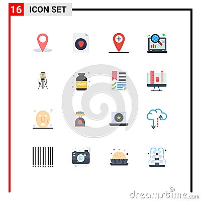 Modern Set of 16 Flat Colors Pictograph of tool, construction, location, building, seo Vector Illustration