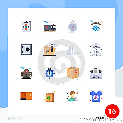 Modern Set of 16 Flat Colors and symbols such as globe, location, fire, gps, direction Vector Illustration