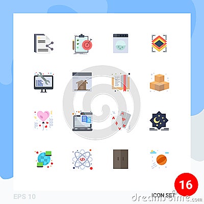 Modern Set of 16 Flat Colors and symbols such as software, server, target, layer, layers Vector Illustration