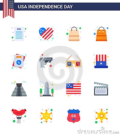 Modern Set of 16 Flats and symbols on USA Independence Day such as army; gun; money; wedding; love Vector Illustration