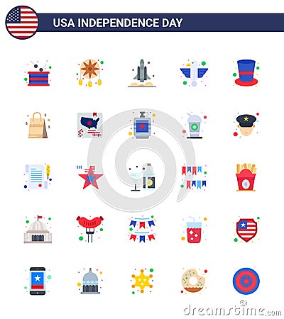 Modern Set of 25 Flats and symbols on USA Independence Day such as eagle; animal; western; american; transport Vector Illustration