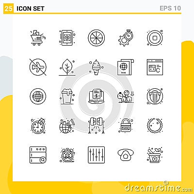 Modern Set of 25 Lines and symbols such as music, watch, fruit, setting, time Vector Illustration