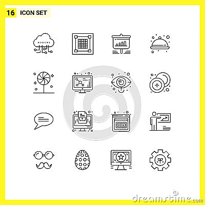 Modern Set of 16 Outlines Pictograph of candies, meal, presentation, kitchen, business Vector Illustration