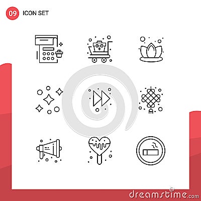 Pictogram Set of 9 Simple Outlines of celebration, forward, lily, arrow, space Vector Illustration