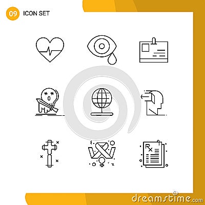Modern Set of 9 Outlines Pictograph of globe, kill, card, game, death Vector Illustration