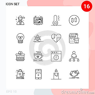 Pack of 16 Modern Outlines Signs and Symbols for Web Print Media such as light, idea, christmas, eco, streaming Vector Illustration