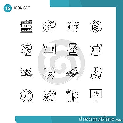 Modern Set of 16 Outlines Pictograph of line, summer, face, organic food, amanas Vector Illustration