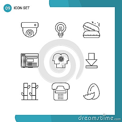 User Interface Pack of 9 Basic Outlines of software, panel, lightbulb, console, pie Vector Illustration