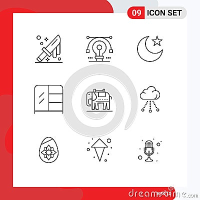 Set of 9 Modern UI Icons Symbols Signs for usa, elephent, drawing, wardrobe, furniture Vector Illustration