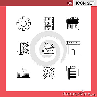 Modern Set of 9 Outlines Pictograph of wheelbarrow, farm, night, agriculture, game Vector Illustration