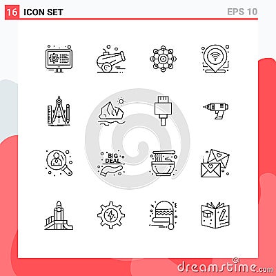 Modern Set of 16 Outlines and symbols such as design, connection, learning, location, check in Vector Illustration