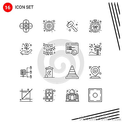 Modern Set of 16 Outlines and symbols such as hand, limited, knock, discount, watch kit Vector Illustration