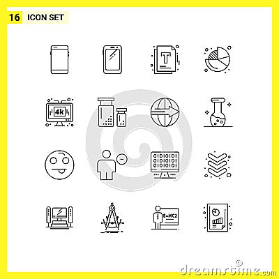 Modern Set of 16 Outlines and symbols such as lcd, media, optimization, display, pie Vector Illustration