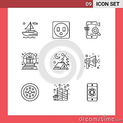 Modern Set of 9 Outlines and symbols such as night, adventure, seo, globe, christmas Vector Illustration