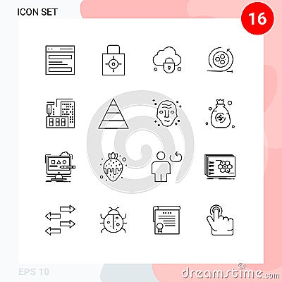 Modern Set of 16 Outlines and symbols such as scince, api, security, modeling, lock Vector Illustration