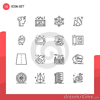 Modern Set of 16 Outlines and symbols such as seo, marketing, romantic, fire, machine Vector Illustration