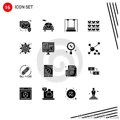 Modern Set of 16 Solid Glyphs Pictograph of check, accept, children, plant, grower Vector Illustration