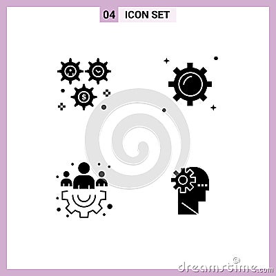 Modern Set of 4 Solid Glyphs Pictograph of cog, group, configuration, gear, team Vector Illustration