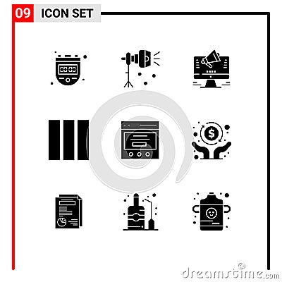 Modern Set of 9 Solid Glyphs Pictograph of communication, layout, studio light, column, marketing Vector Illustration