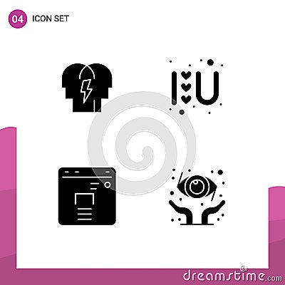 Modern Set of 4 Solid Glyphs Pictograph of conflict, finance, mind, love logo, protect Vector Illustration