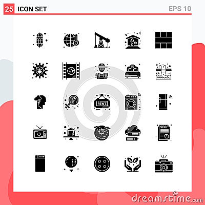 Modern Set of 25 Solid Glyphs Pictograph of frame, love, world, house, gass Vector Illustration