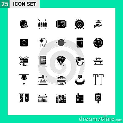 Modern Set of 25 Solid Glyphs Pictograph of hydro, electrical, printing, songs, music Stock Photo