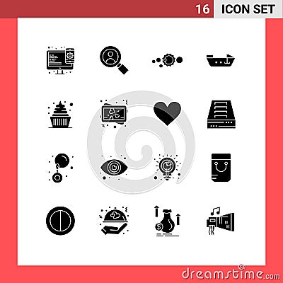 Modern Set of 16 Solid Glyphs Pictograph of icecream, cream, system, speed, boat Vector Illustration