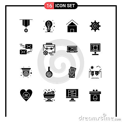 Modern Set of 16 Solid Glyphs Pictograph of idea, gear, leaf, cog, house Vector Illustration