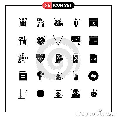 Modern Set of 25 Solid Glyphs Pictograph of light, islam, offer, cinema, video Vector Illustration