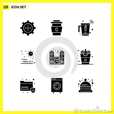 Modern Set of 9 Solid Glyphs Pictograph of sunset, sun, food, sea, wifi Vector Illustration