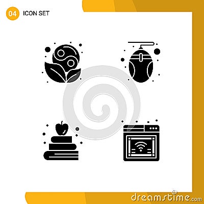 Modern Set of 4 Solid Glyphs Pictograph of symbol, book, leaf, mouse, internet Vector Illustration