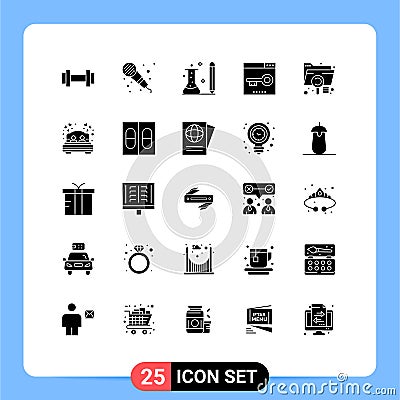 Modern Set of 25 Solid Glyphs and symbols such as analysis, optimization, information, media, engine Vector Illustration