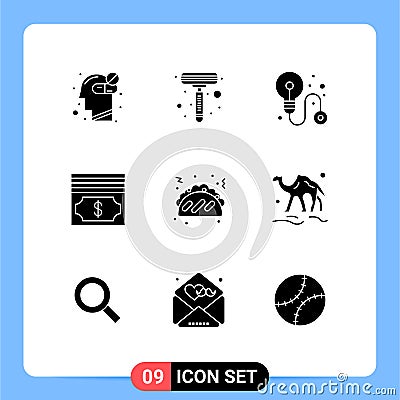 Modern Set of 9 Solid Glyphs and symbols such as arabian, food, idea, fast food, money Vector Illustration