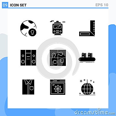 Modern Set of 9 Solid Glyphs and symbols such as solution, piece, carpenter, part, center Vector Illustration