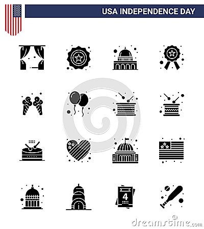 Modern Set of 16 Solid Glyphs and symbols on USA Independence Day such as ice; sign; capitol; star; badge Vector Illustration