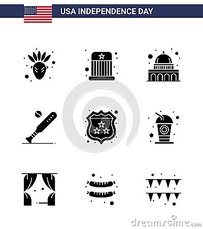 Modern Set of 9 Solid Glyphs and symbols on USA Independence Day such as security; usa; madison; sports; baseball Vector Illustration