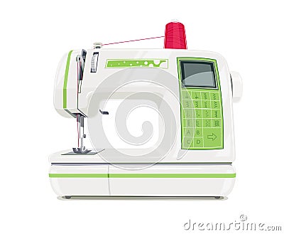 Modern sewing machine with red spool thread Vector Illustration
