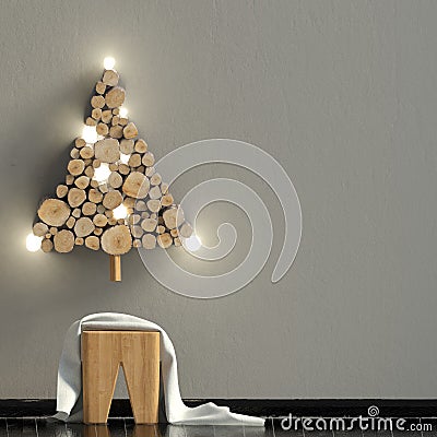 Modern shining Christmas interior, Scandinavian style. Wall mock Cartoon Illustration